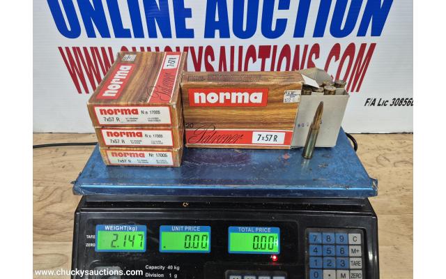 LOT 1054 7X57R NORMA AMMO APPROX 2.1KG APPROX 79 RNDS